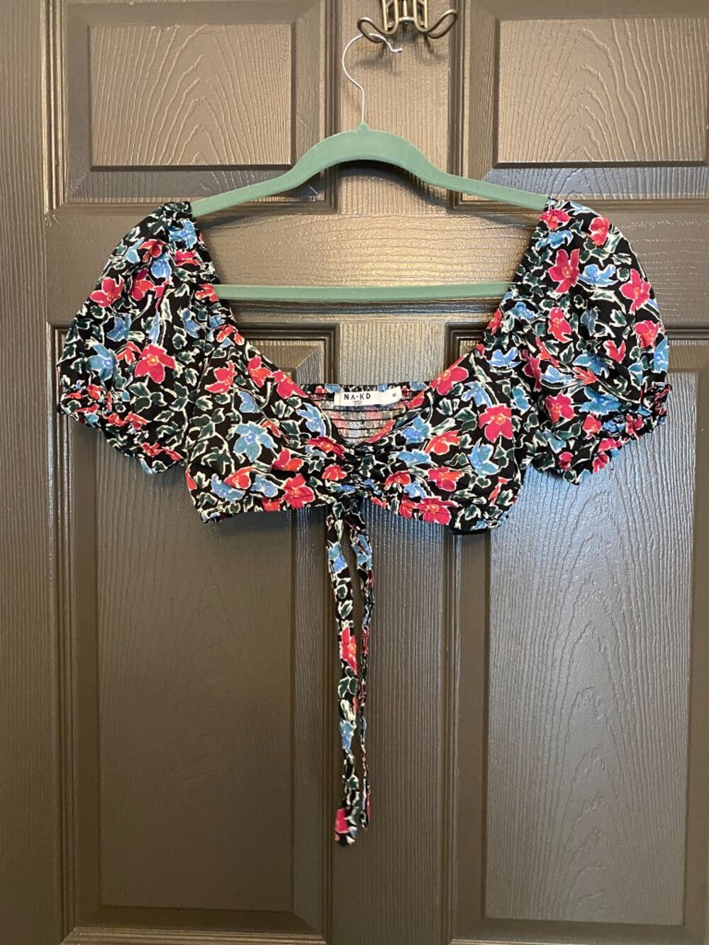 NA-KD Floral Puff Sleeve Tie Front Crop Top, Size 36 (US Small)